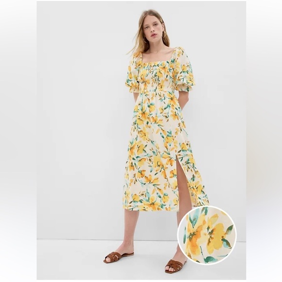 LAST CHANCE GAP Linen-Blend Puff Sleeve Midi Dress LAST CHANCE GAP Linen-Blend Puff Sleeve Midi Dress